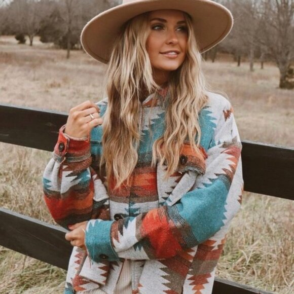 Multicolor Aztec Tribal Print Button Down Corduroy Shacket Jacket Coat - Picture 1 of 8
